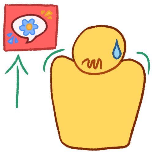  a drawing of a plain yellow person looking uncomfortable, with their shoulders raised, their mouth in a squiggly line, and a sweat droplet on their head. next to them is a pink square containing a white speech bubble that contains a blue flower with a green arrow pointing to it.